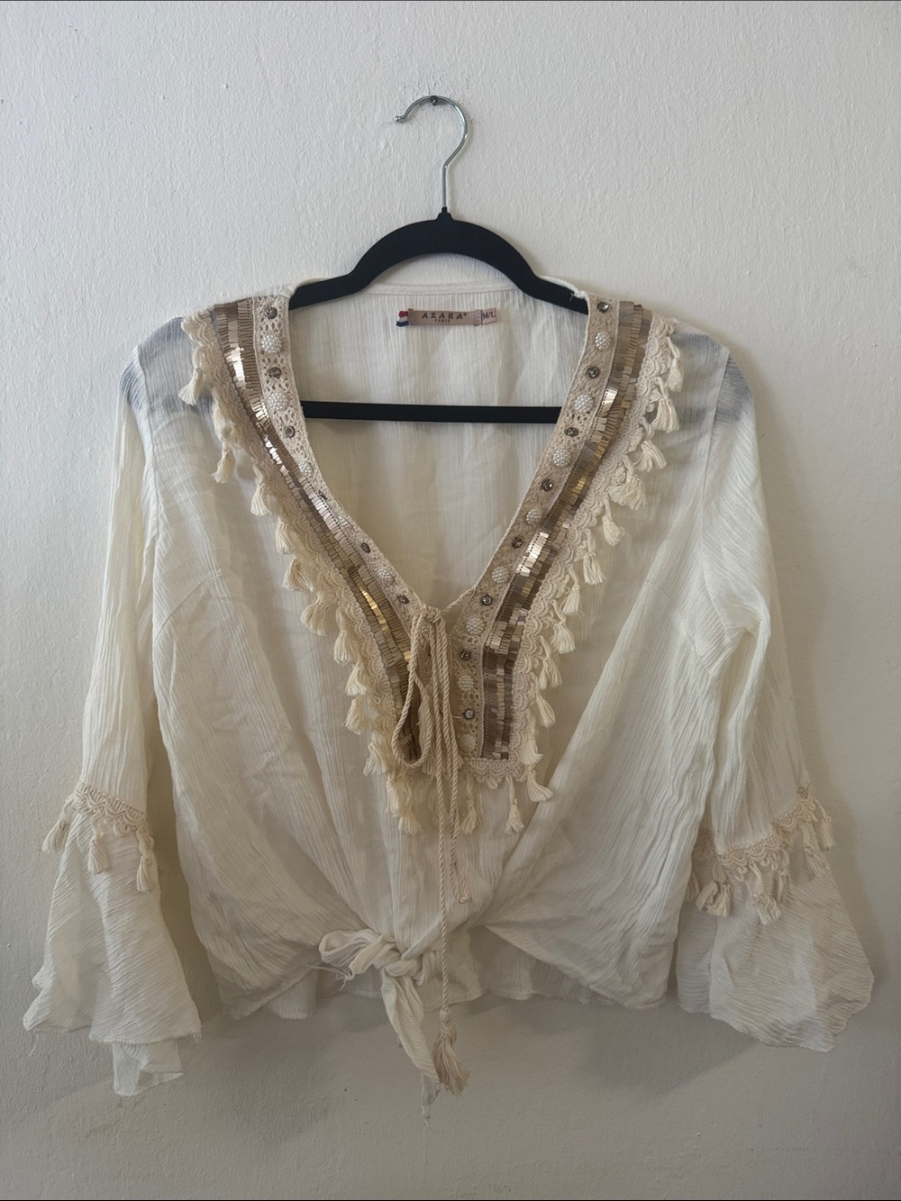 Boho Tassel Trim V-Neck Women's Top - Cream